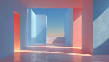 Fototapeta premium Pale pastel-toned interior, sunlight casts shadows