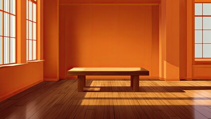 Empty room, warm orange walls, light wood table, sunlit