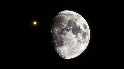 Image of a gibbous moon and a star in the black sky.