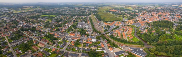 A panoramic Aerial view around the old town in the city of Viborg in Denmark on s sunny summer day