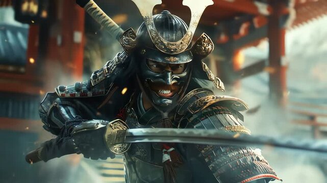 Samurai warrior in full armor holding a katana with a menacing expression