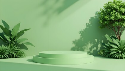 Modern 3D Green Podium Display with Natural Tree Shadow for Summer Product Mockup Background
