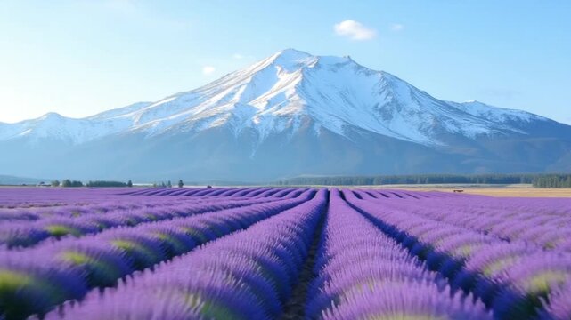 Lavender field with blue sky and mountain cover with snow