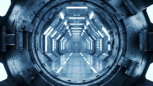 View Through Partway Opened Vault Door Into Brightly Lit Corridor with Futuristic Interior Design