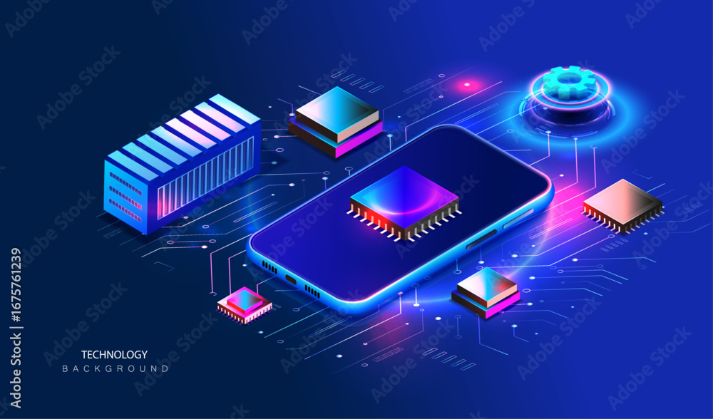 Poster cpu of mobile phone. futuristic microchip smartphone processor on circuit board. modern digital chip