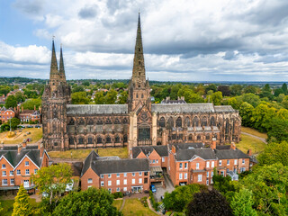Obraz premium An aerial view above the Minster Pool towards the Cathedral in Lichfield, UK in summertime