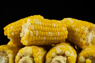Fresh Hot Boiled Corn Cob on Black Background