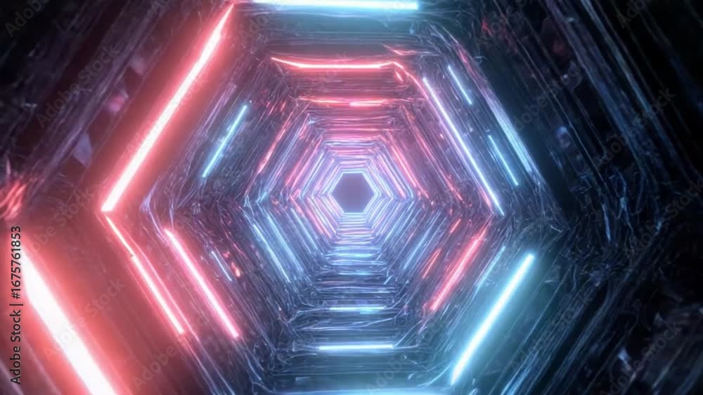 Poster neon hexagonal tunnel: a mesmerizing view of an infinite tunnel, illuminated by neon lights in vivid