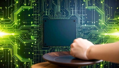 A hand reaching for a dark plate, against a circuit board background
