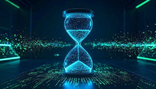Digital Hourglass: A stunning visual representation of time's passage, with a luminous digital hourglass set against a futuristic background, evoking themes of time management and deadlines.