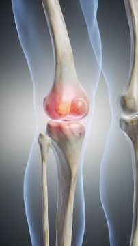 AI-generated 3D knee pain animation with 360-degree hologram view, showing nerves, joints, and pain signals for medical and healthcare use 2