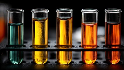 Test tubes filled with various colored liquids, likely oils or solutions, arranged in a metal rack.  Dark background emphasizes the contents