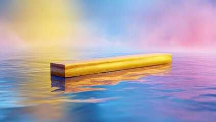 Golden rectangular block on a rippled water surface, pastel background