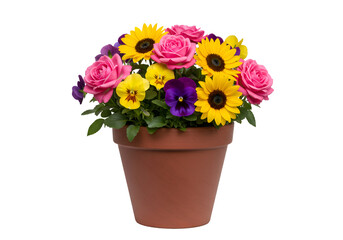 Vibrant Spring Flower Arrangement in Terracotta Pot on white background