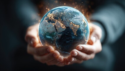 Earth held gently in cupped hands.  A detailed digital globe of Earth, with city lights visible, is held delicately by two hands.  Soft, glowing sparks surround the globe