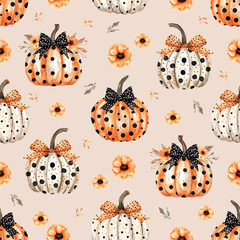 Watercolor Pumpkins with Flowers  and bow seamless pattern