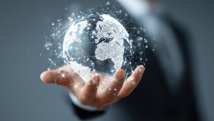 A hand holds a translucent globe, overlaid with a network of lines