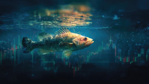 Underwater fish amidst financial charts