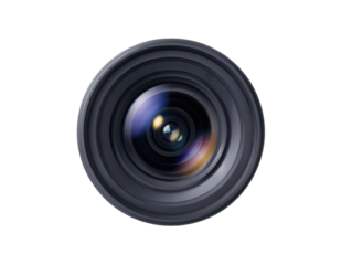 Professional camera lens with colorful light reflections, capturing sharp detail