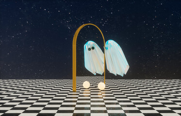 Surreal Halloween scene with cute Ghost. Dreamlike 3d rendering.