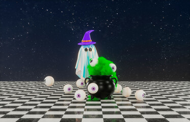 Surreal Halloween scene with cute Ghost. Dreamlike 3d rendering.