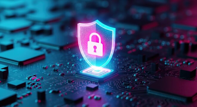 Glowing cyber security shield with lock symbol over digital circuit board