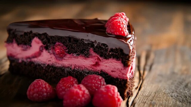 Slice of rich chocolate cake with raspberry filling and fresh raspberries
