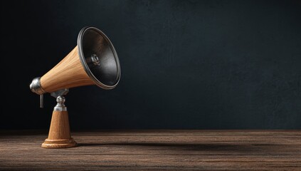 Wooden megaphone on a dark wooden table