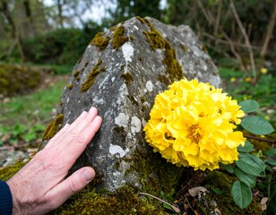 A hand touches a weathered stone beside vibrant yellow flowers