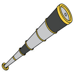 A telescope with a black and gray body and gold accents. The telescope is shown at an angle, with a larger eyepiece at one end and a smaller objective lens at the other. It looks like a classic.