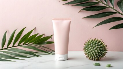 Skincare tube with green leaves and spiky plant on pink background