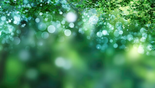 Lush forest bokeh, vibrant greens. Blurred foliage, soft light