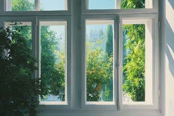 Bright sunlight through large windows.