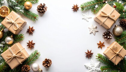 Festive holiday gift arrangement elegant tabletop decorative christmas scene indoor setting top-down view seasonal celebration