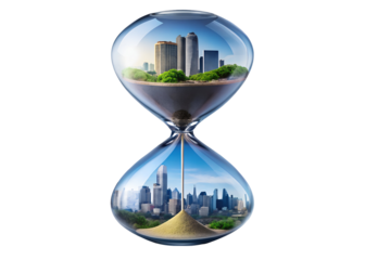 cityscape inside hourglass png image on transparent background