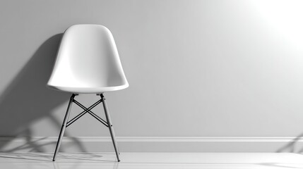 A solitary white chair casts a dramatic shadow against a light gray wall, highlighting minimalist design and clean lines.