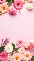 Fototapeta premium a floral border arrangement with colorful flowers, perfect for spring and summer themes, with copy space