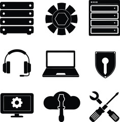 IT Support, Network, and Server Black and White Vector Icons Set