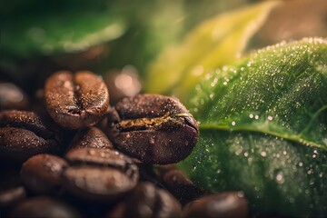 Obraz premium Brown coffee beans near green leaves with dew drops.