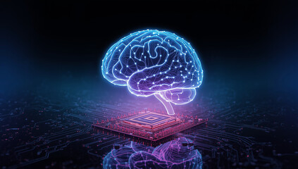 Futuristic Neon Glowing Brain – Artificial Intelligence, Neural Networks and Digital Technology Concept
