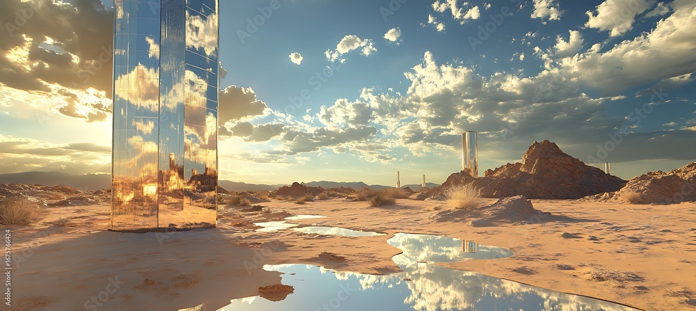 Poster serene desert landscape with mirrored structures reflecting sky and clouds artistic scene creation