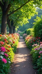 A winding garden path, lined with vibrant blooms and lush greenery, creates a breathtaking bouquet-like pathway  Perfect for spring, summer, romance, and nature themes ,  way,  passage,  route