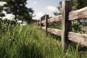 Lush green grass beside a rustic wooden fence in bright daylight.