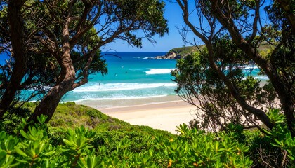 Lush landscape of a beach through trees