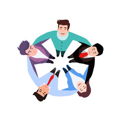 Happy young business student people team huddle. Man woman group hug each other holding arms in circle together. Aerial top view. Building teamwork, trust, support flat vector character illustration