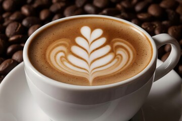 Fototapeta premium A white cup with latte art on top, surrounded by coffee beans.