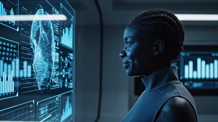 African American Woman Scientist Analyzing Advanced Holographic Medical Data in a Futuristic Lab, Smiling Subtly While Observing Complex Digital Visualizations and Charts on a Transparent Screen - Powered by Adobe