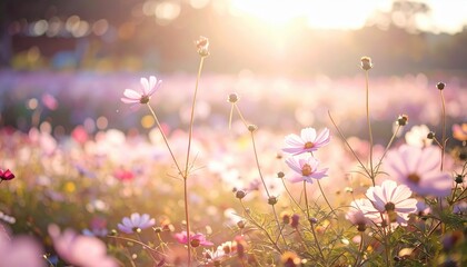 Blooming flower field at sunrise nature photography outdoor serenity captured moment vibrant flora