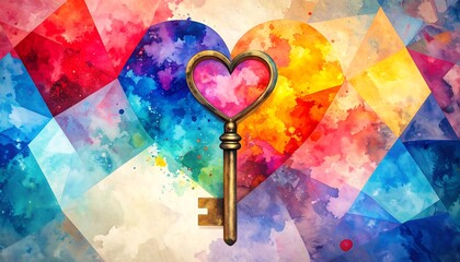 A heart-shaped key in a vibrant abstract background