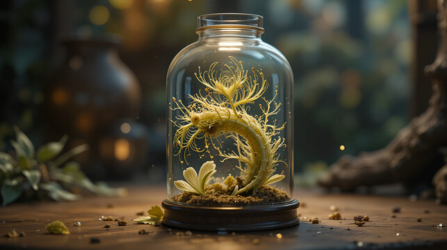A captivating glass enclosure filled with a luminous liquid suspending an intricate plant like organism in a state of dormancy evoking a sense of wonder and curiosity about the natural world